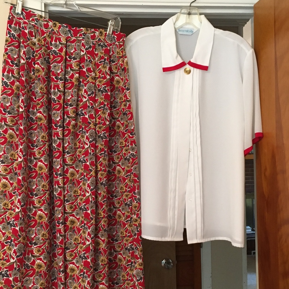 Vintage red floral skirt suit